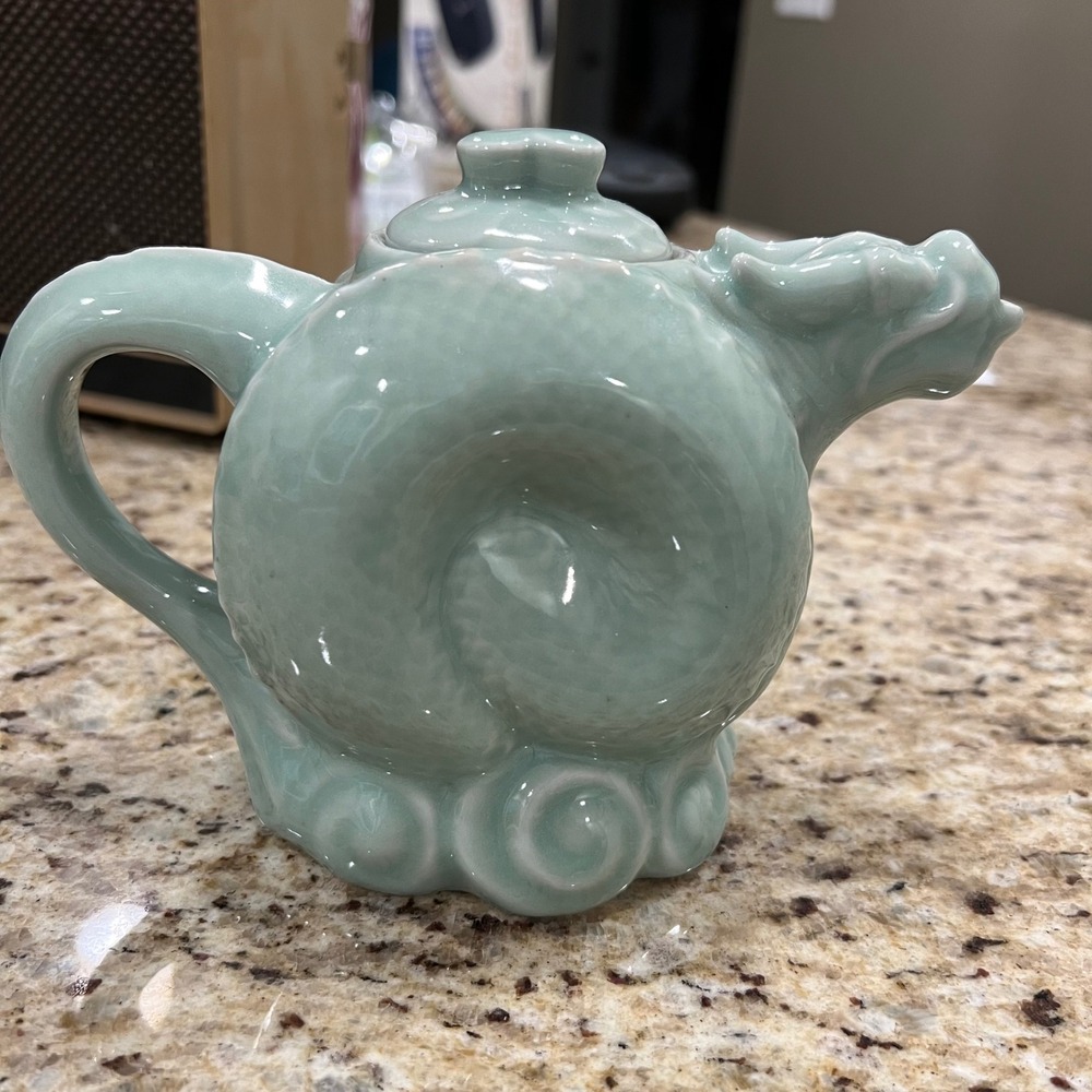 Vintage Celadon Green Ceramic Dragon Teapot Asian Mythical Tea Pot Made In China